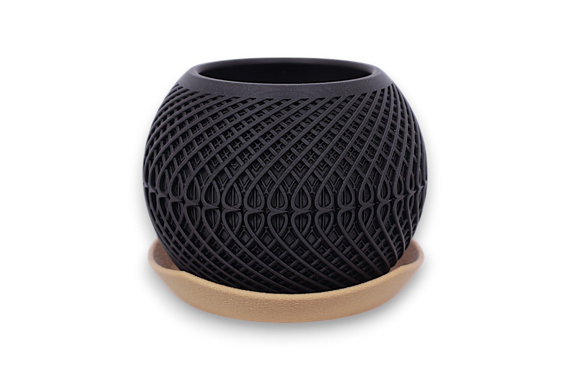 Black textured planter with gold base on a white background