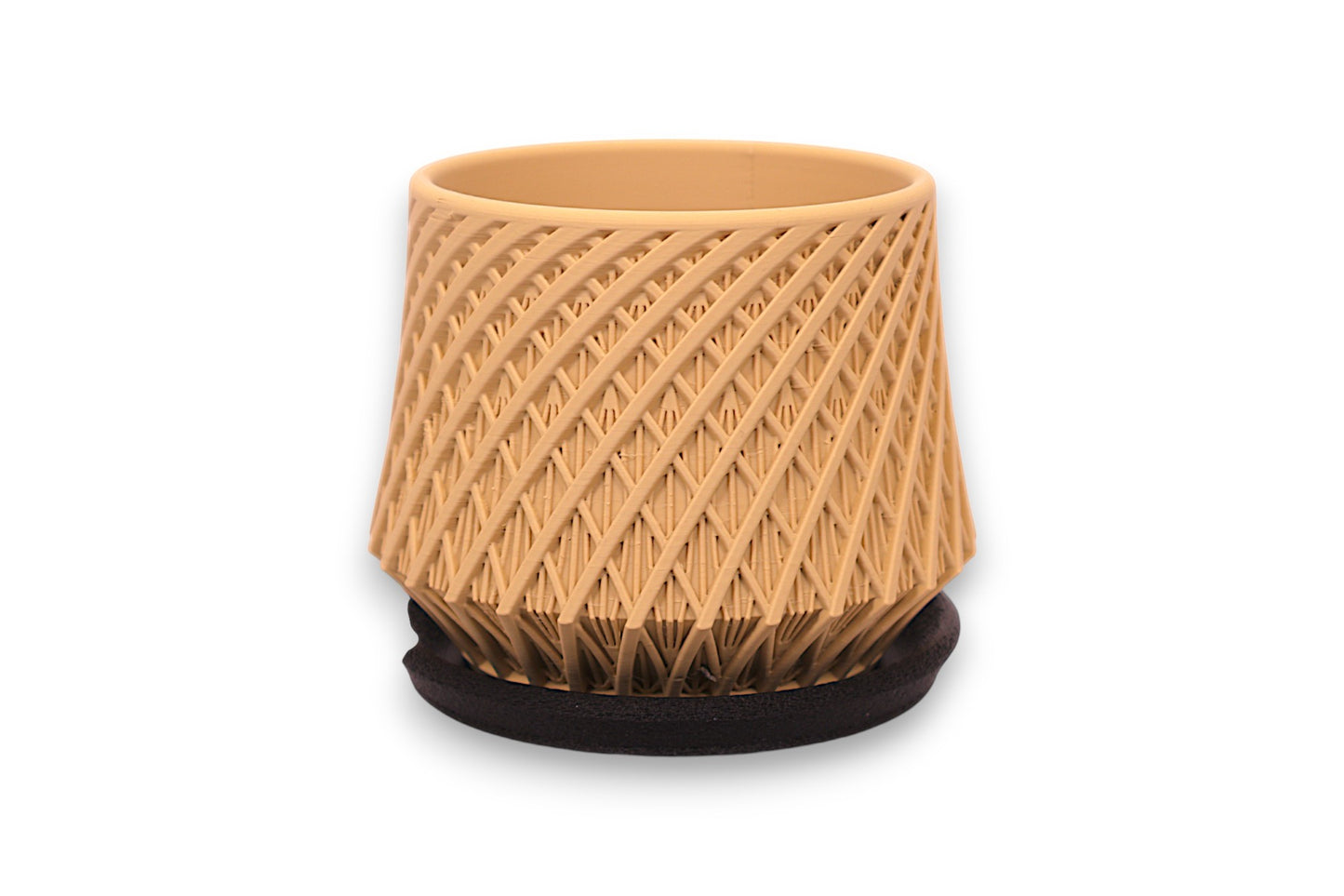 Beige PLA decorative container – 3D printed with diagonal spiral texture and flared black base

