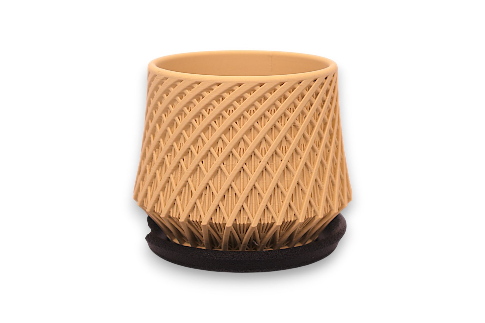 Beige PLA decorative container – 3D printed with diagonal spiral texture and flared black base
