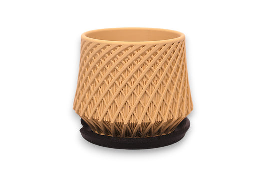 Beige PLA decorative container – 3D printed with diagonal spiral texture and flared black base
