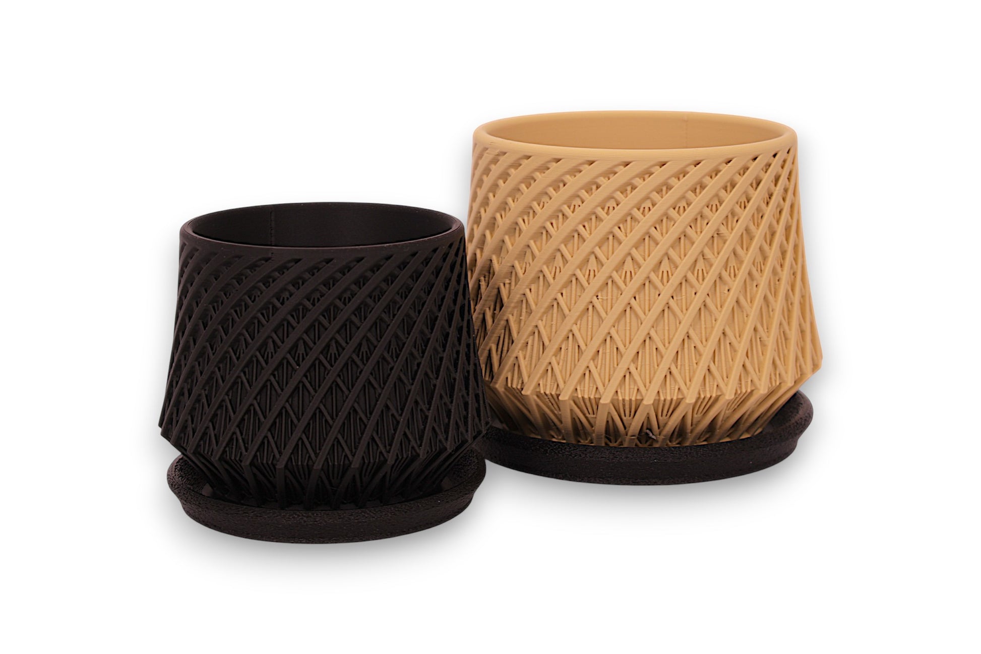 Black and beige PLA decorative containers – 3D printed with spiral mesh texture, shown side by side on matching bases
