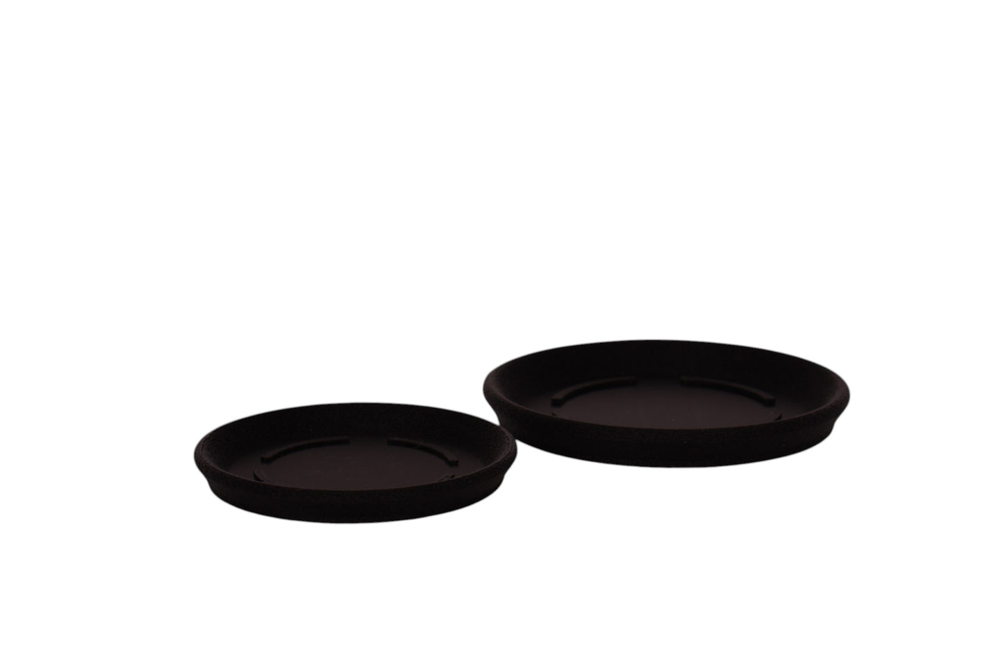 Set of two black PLA drip trays – 3D printed with internal grip tabs, shown on white background