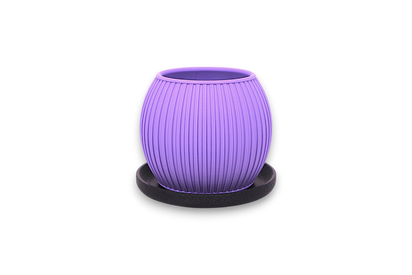 Purple PLA decorative planter – 3D printed with vertical ribbed texture, shown on black circular base
