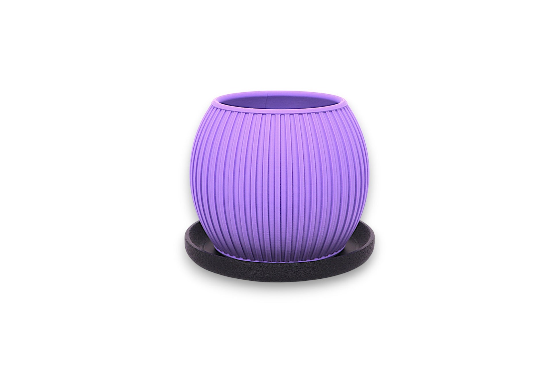 Purple PLA decorative planter – 3D printed with vertical ribbed texture, shown on black circular base
