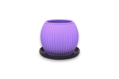Purple PLA decorative planter – 3D printed with vertical ribbed texture, shown on black circular base
