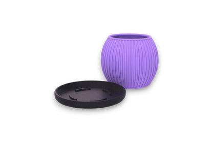 Purple PLA planter – 3D printed with wide opening and ribbed texture, shown beside black tray with internal grip tabs
