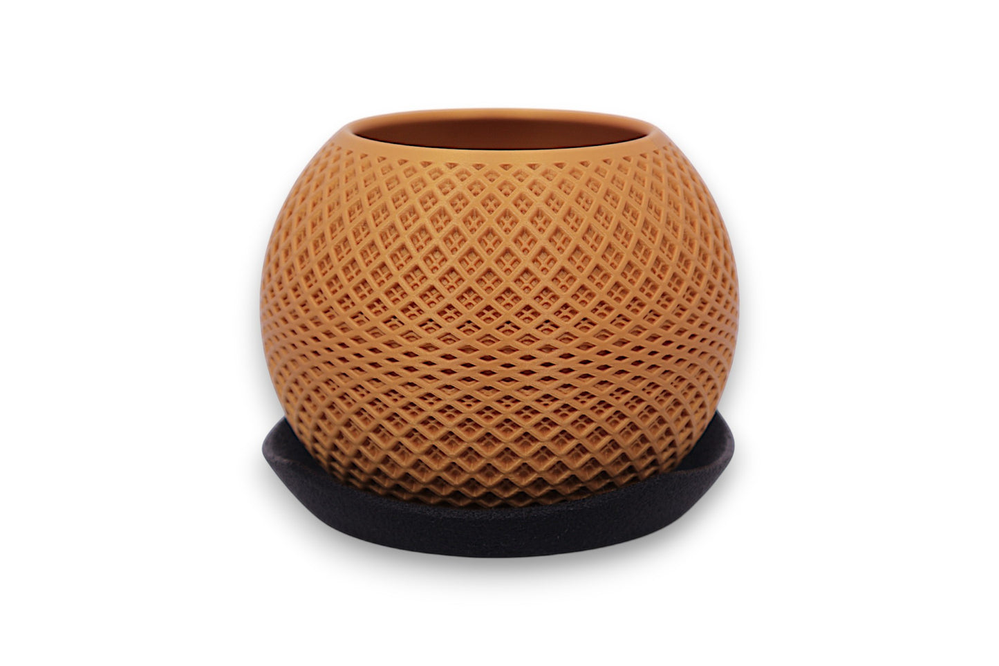 Gold PLA decorative planter – 3D printed with diamond lattice texture, placed on black saucer
