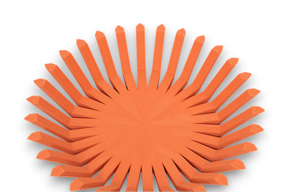Terra cotta catch-all tray with circular base and vertical rectangular ridges around perimeter