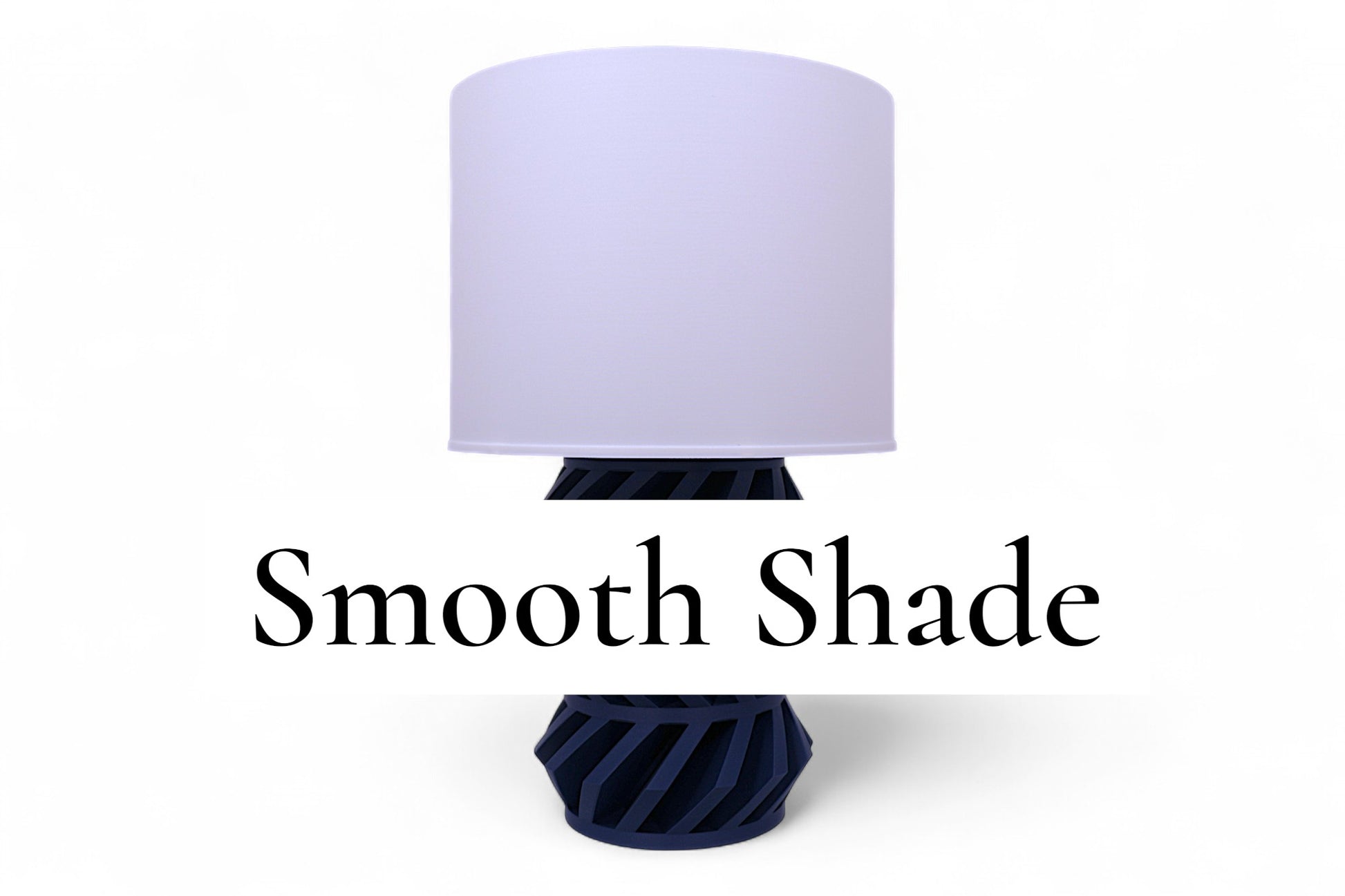 Table lamp – white cylindrical lampshade with dark geometric base, diagonal cutouts, labeled “Smooth Shade”
