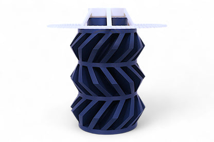 Lamp base component – dark blue helical gear with white stabilizer ring and angled struts, shown close-up

