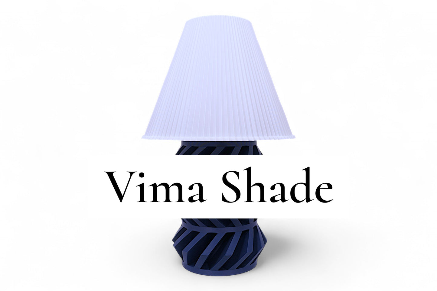 Lamp with a white shade and blue base on a white background, featuring the brand 'Vima Shade'.