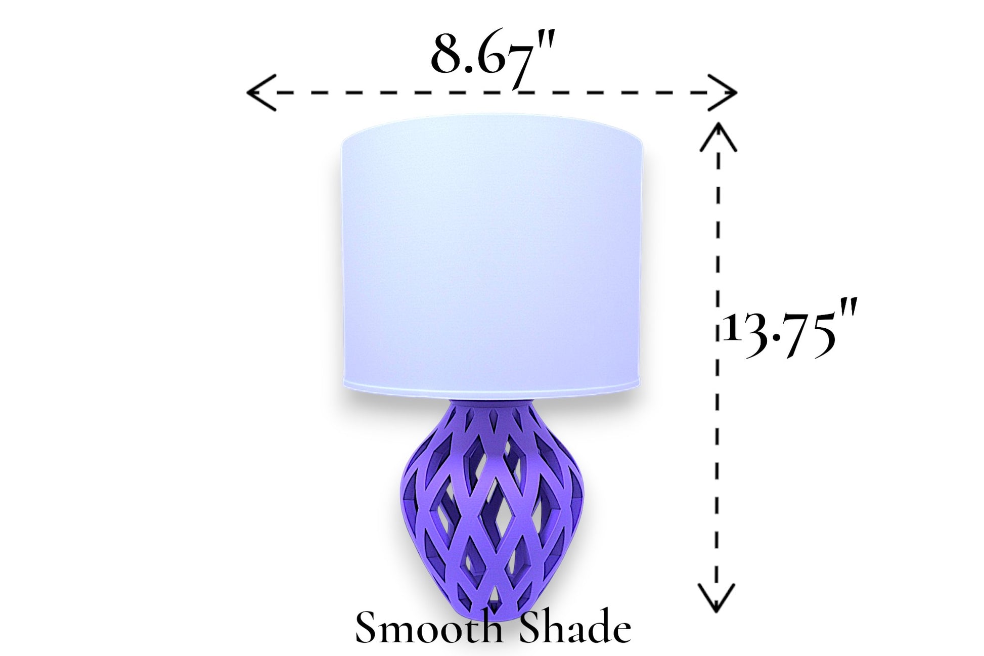 Table lamp – smooth white cylindrical lampshade with sculptural purple lattice-style base, 8.67" diameter × 13.75" height, labeled “Smooth Shade”
