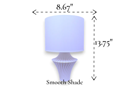 Table lamp – smooth white cylindrical lampshade with sculptural purple fluted base, 8.67" diameter × 13.75" height, labeled “Smooth Shade”
