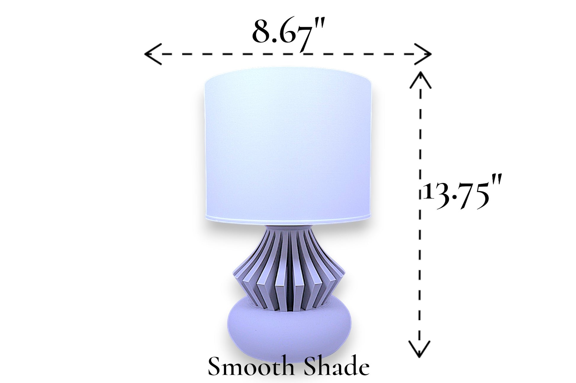 Table lamp – smooth white cylindrical lampshade with sculptural slatted base, 8.67" diameter × 13.75" height, labeled “Smooth Shade”

