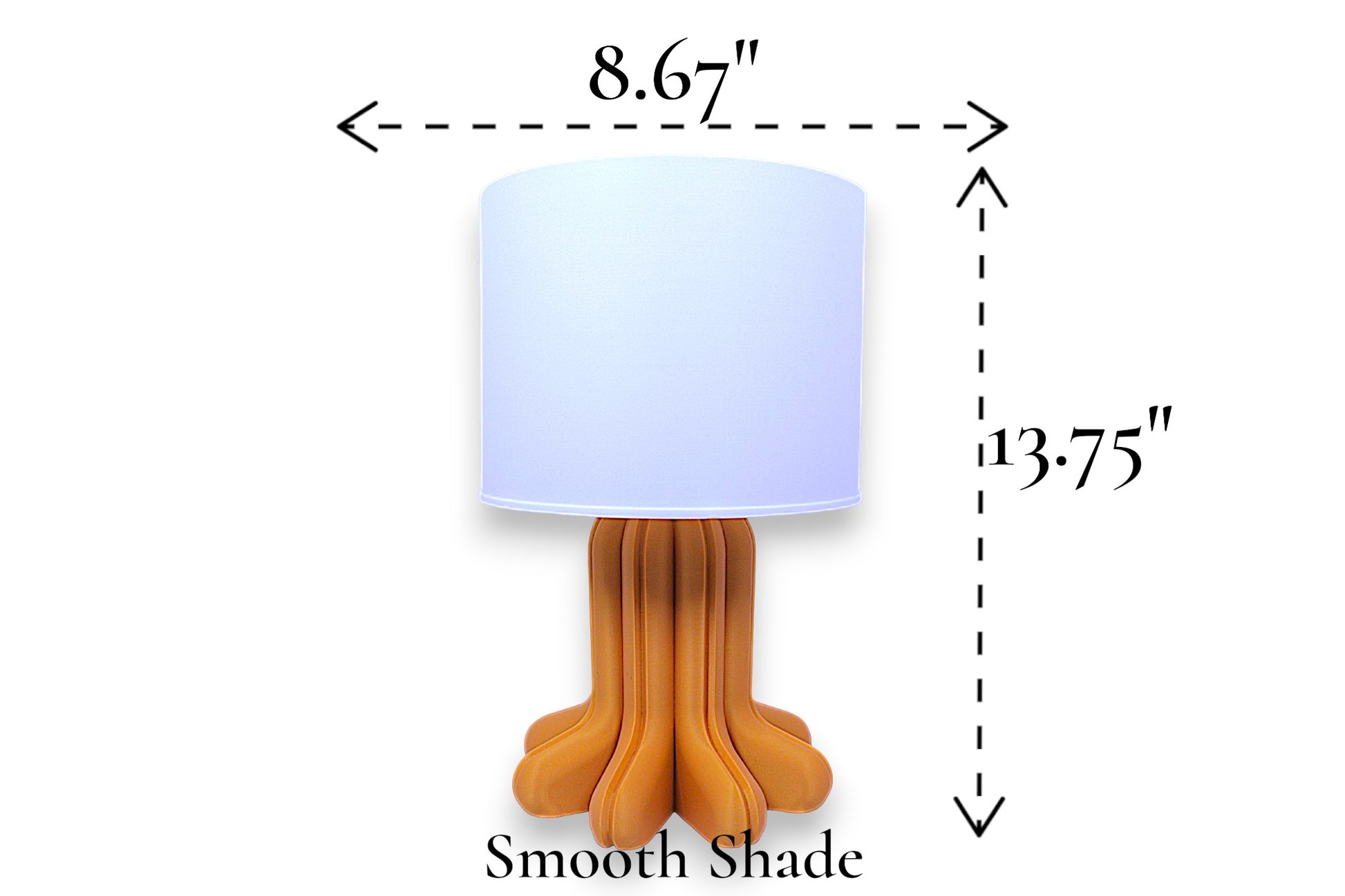 Table lamp – smooth white cylindrical lampshade with sculptural wood-tone base, 8.67" diameter × 13.75" height, labeled “Smooth Shade”
