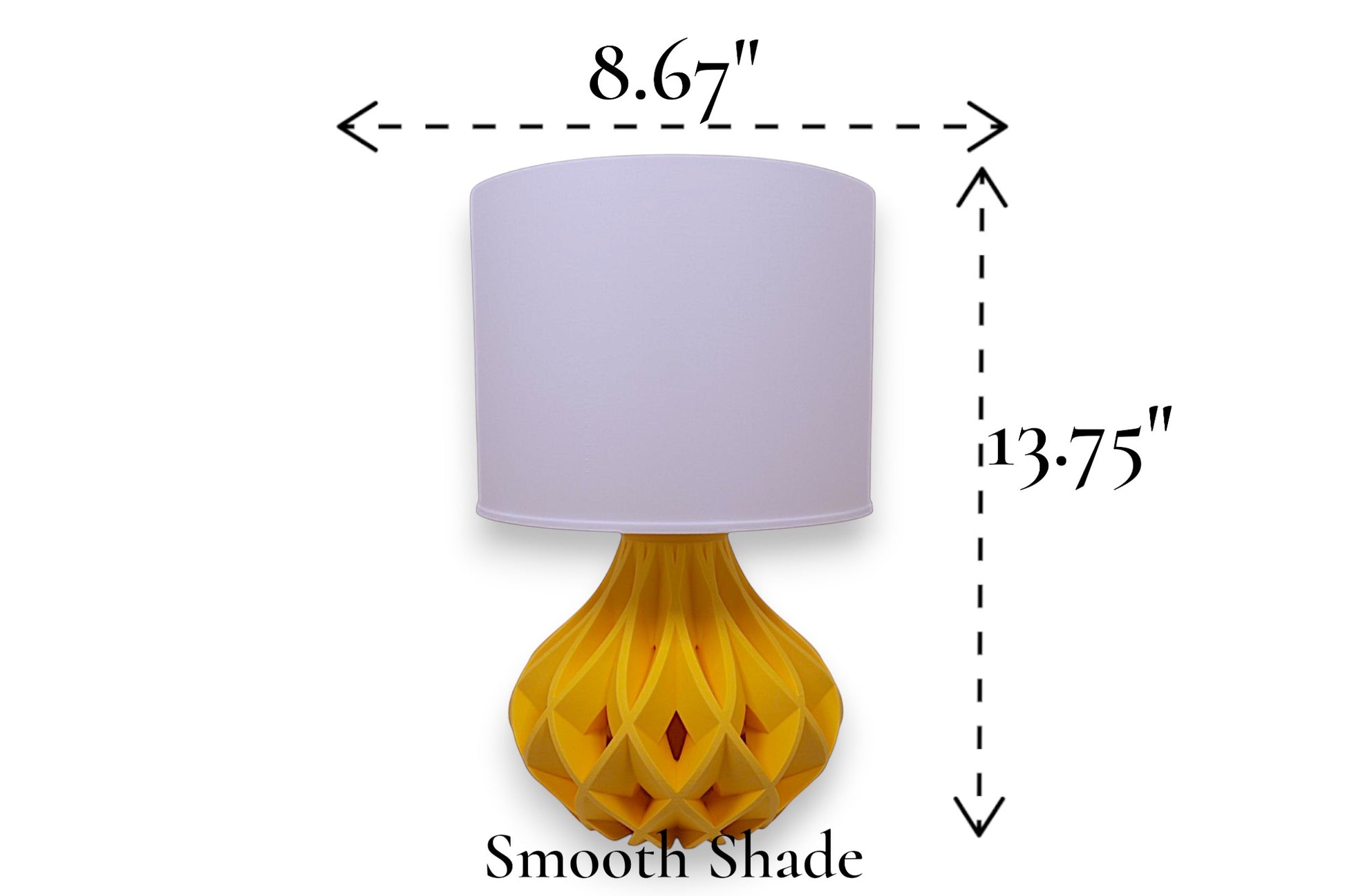 Table lamp – smooth white cylindrical lampshade with sculptural yellow interwoven base, 8.67" diameter × 13.75" height, labeled “Smooth Shade”
