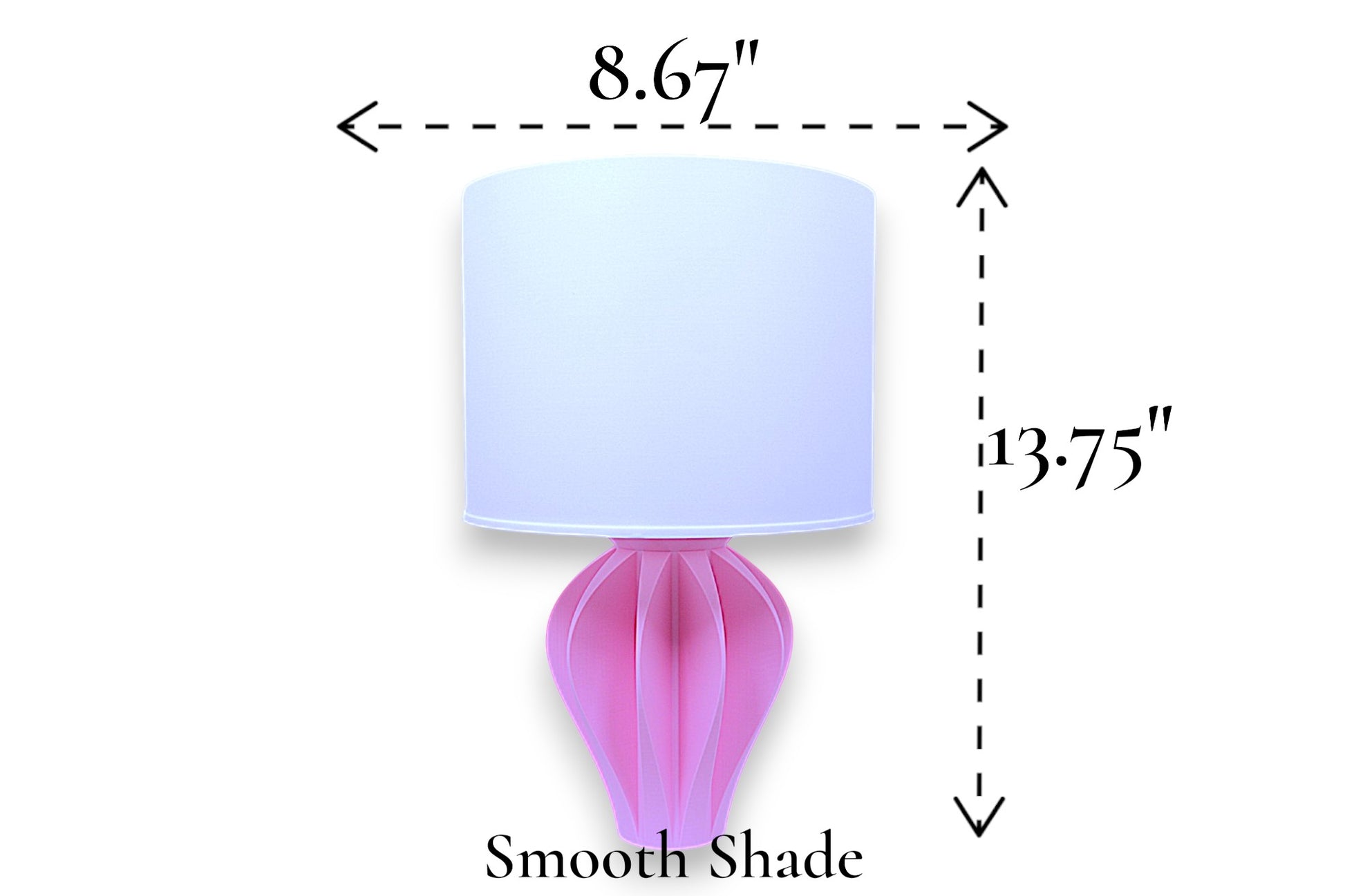 Table lamp – smooth white cylindrical lampshade with sculptural pink petal-style base, 8.67" diameter × 13.75" height, labeled “Smooth Shade”
