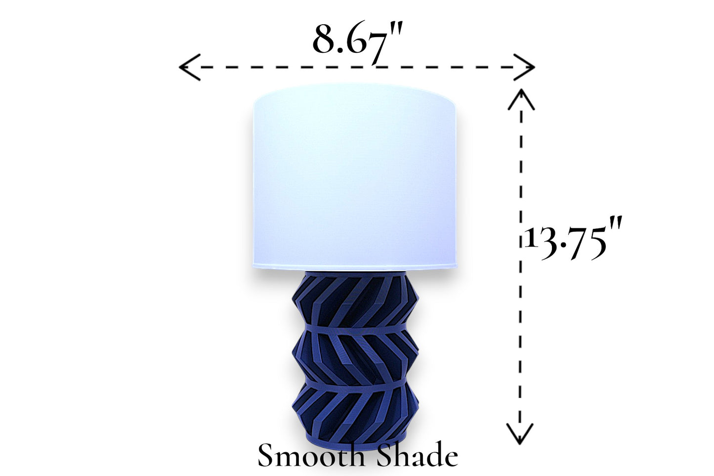 Table lamp – smooth white cylindrical lampshade with geometric dark blue base, 8.67" diameter × 13.75" height, labeled “Smooth Shade”

