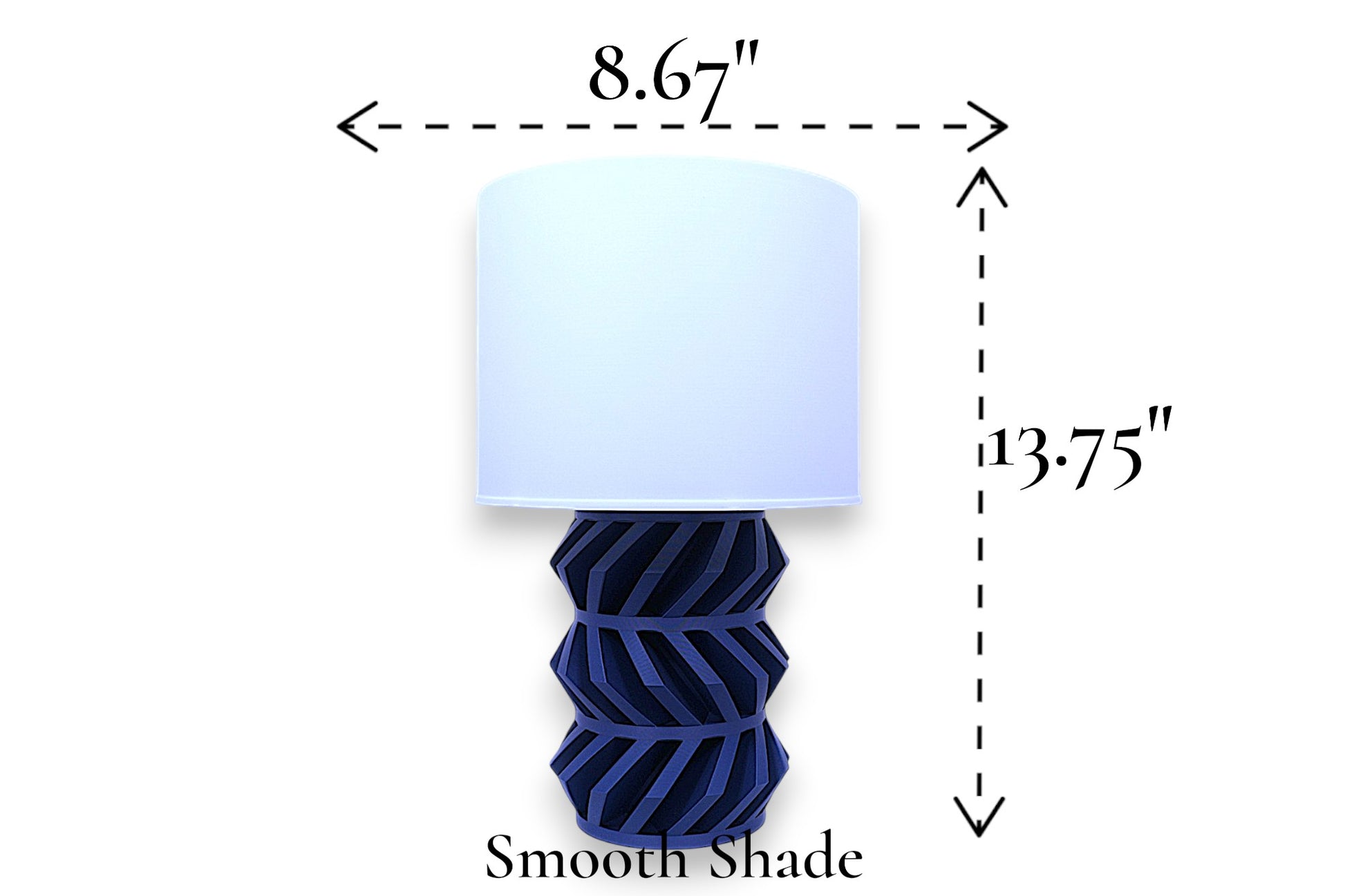 Table lamp – smooth white cylindrical lampshade with geometric dark blue base, 8.67" diameter × 13.75" height, labeled “Smooth Shade”
