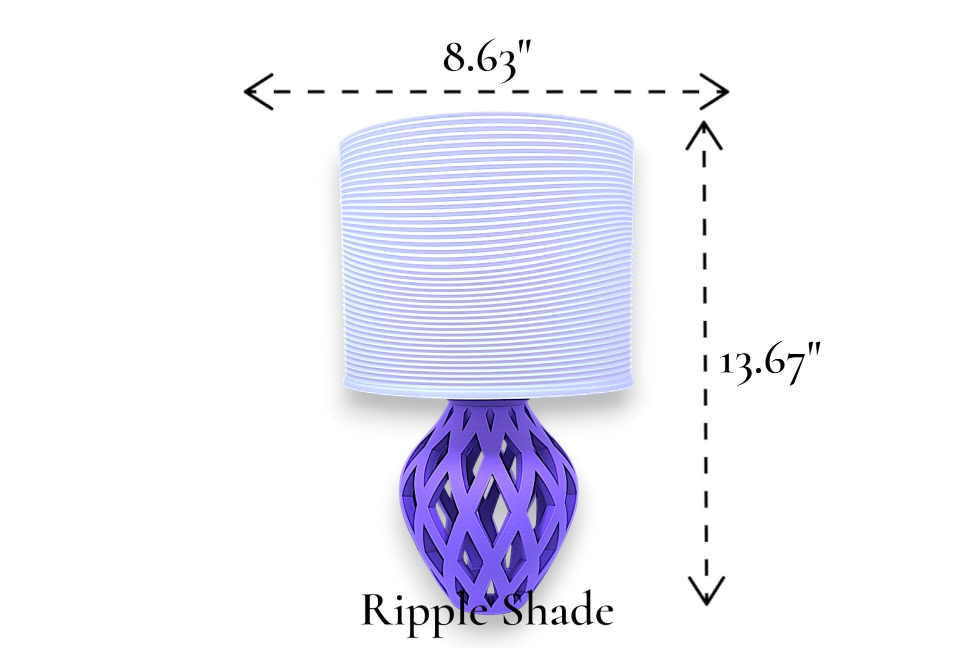 Table lamp – white ripple-textured cylindrical lampshade with sculptural purple lattice-style base, 8.63" diameter × 13.67" height, labeled “Ripple Shade”
