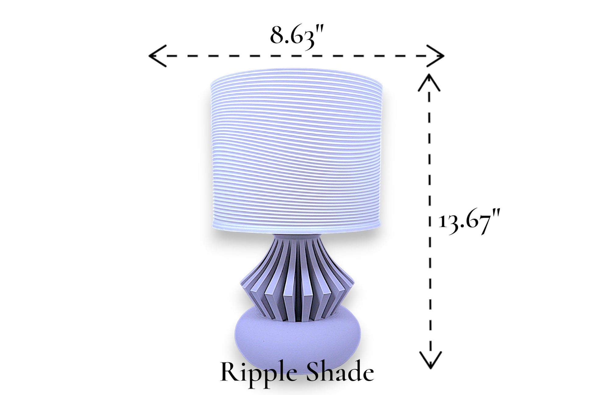 Table lamp – white ripple-textured cylindrical lampshade with sculptural slatted base, 8.63" diameter × 13.67" height, labeled “Ripple Shade”
