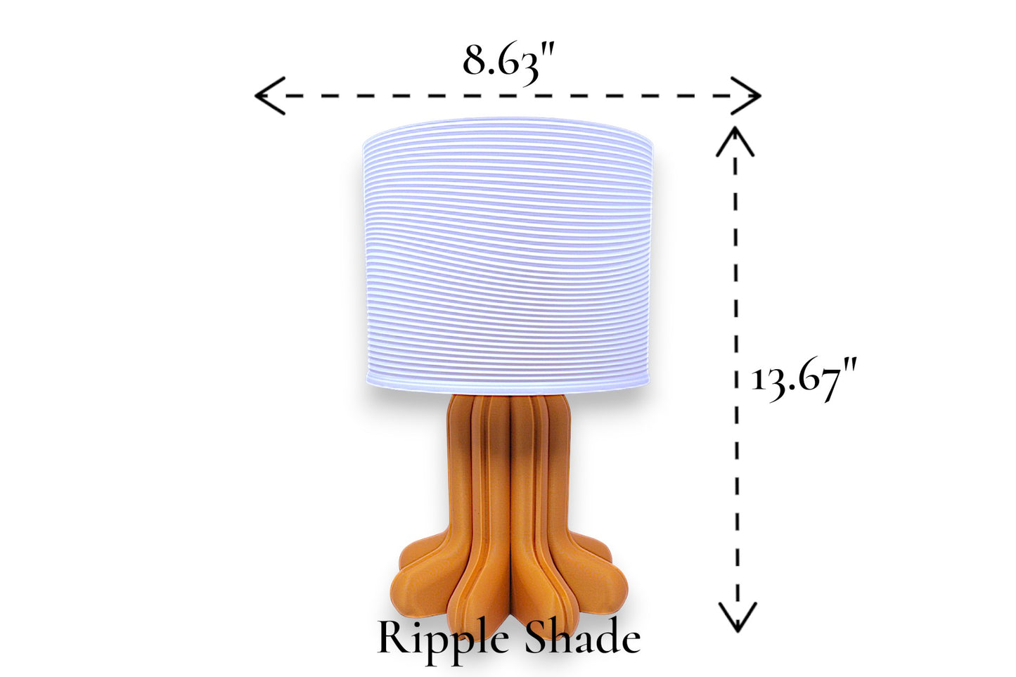 Table lamp – white ripple-textured lampshade with sculptural orange-brown petal-style base, 8.63" diameter × 13.67" height, labeled “Ripple Shade”
