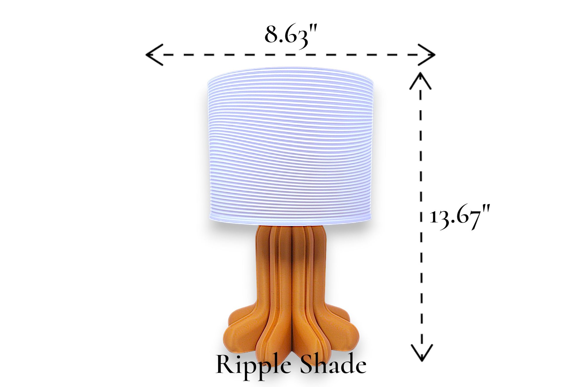 Table lamp – white ripple-textured lampshade with sculptural orange-brown petal-style base, 8.63" diameter × 13.67" height, labeled “Ripple Shade”
