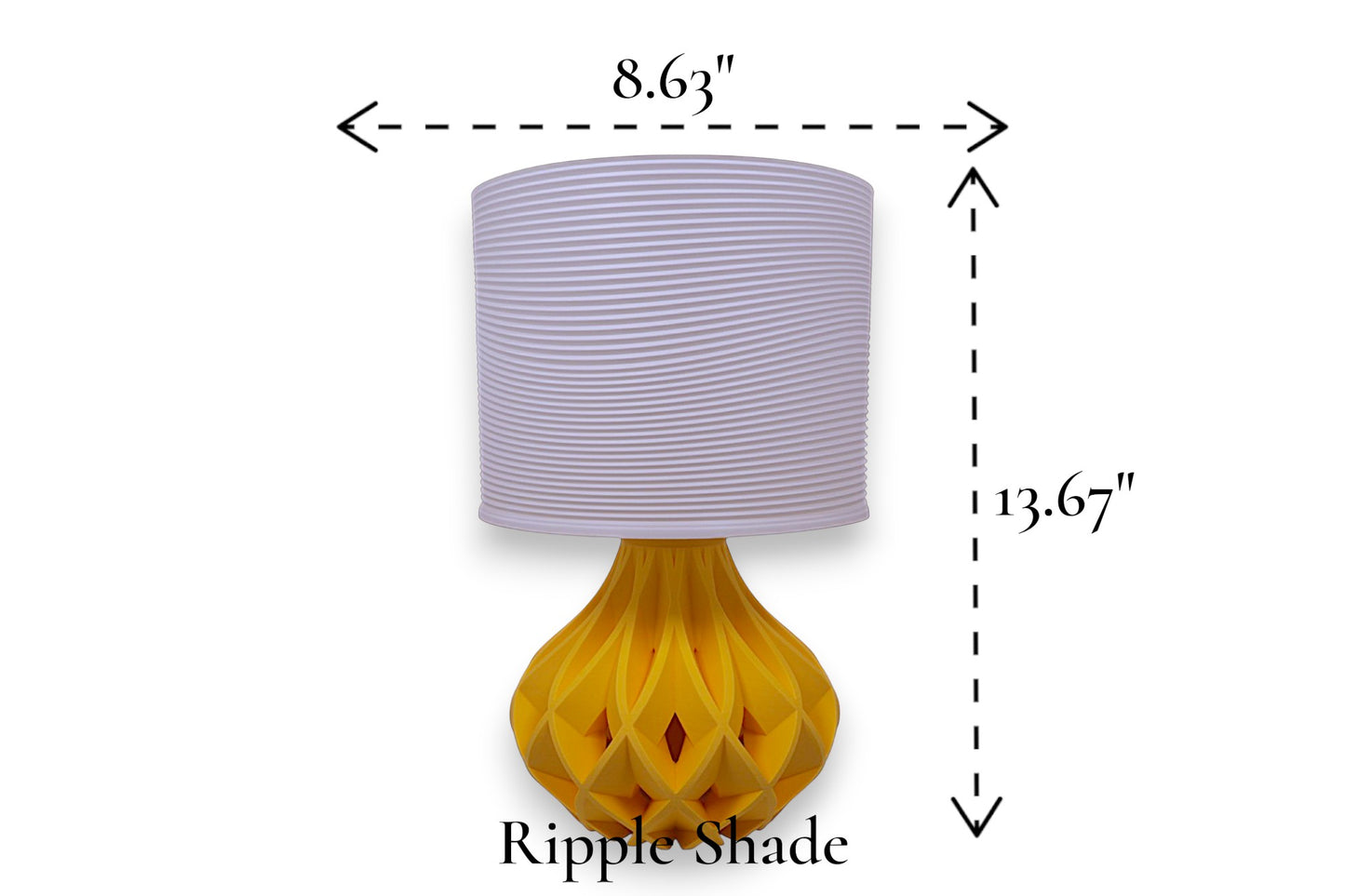 Table lamp – white ripple-textured cylindrical lampshade with sculptural yellow geometric base, 8.63" diameter × 13.67" height, labeled “Ripple Shade”
