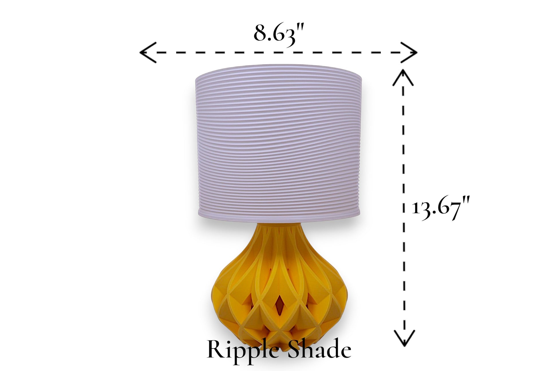 Table lamp – white ripple-textured cylindrical lampshade with sculptural yellow geometric base, 8.63" diameter × 13.67" height, labeled “Ripple Shade”
