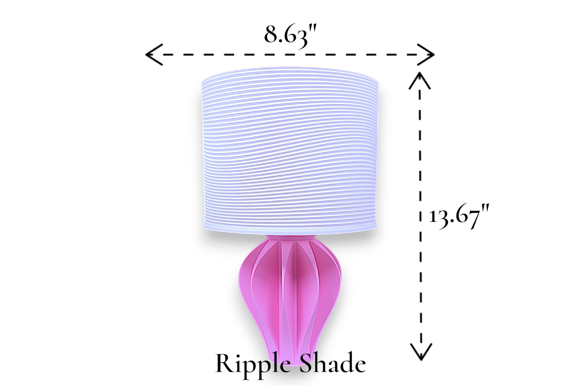 Table lamp – white ripple-textured cylindrical lampshade with sculptural pink base, 8.63" diameter × 13.67" height, labeled “Ripple Shade”
