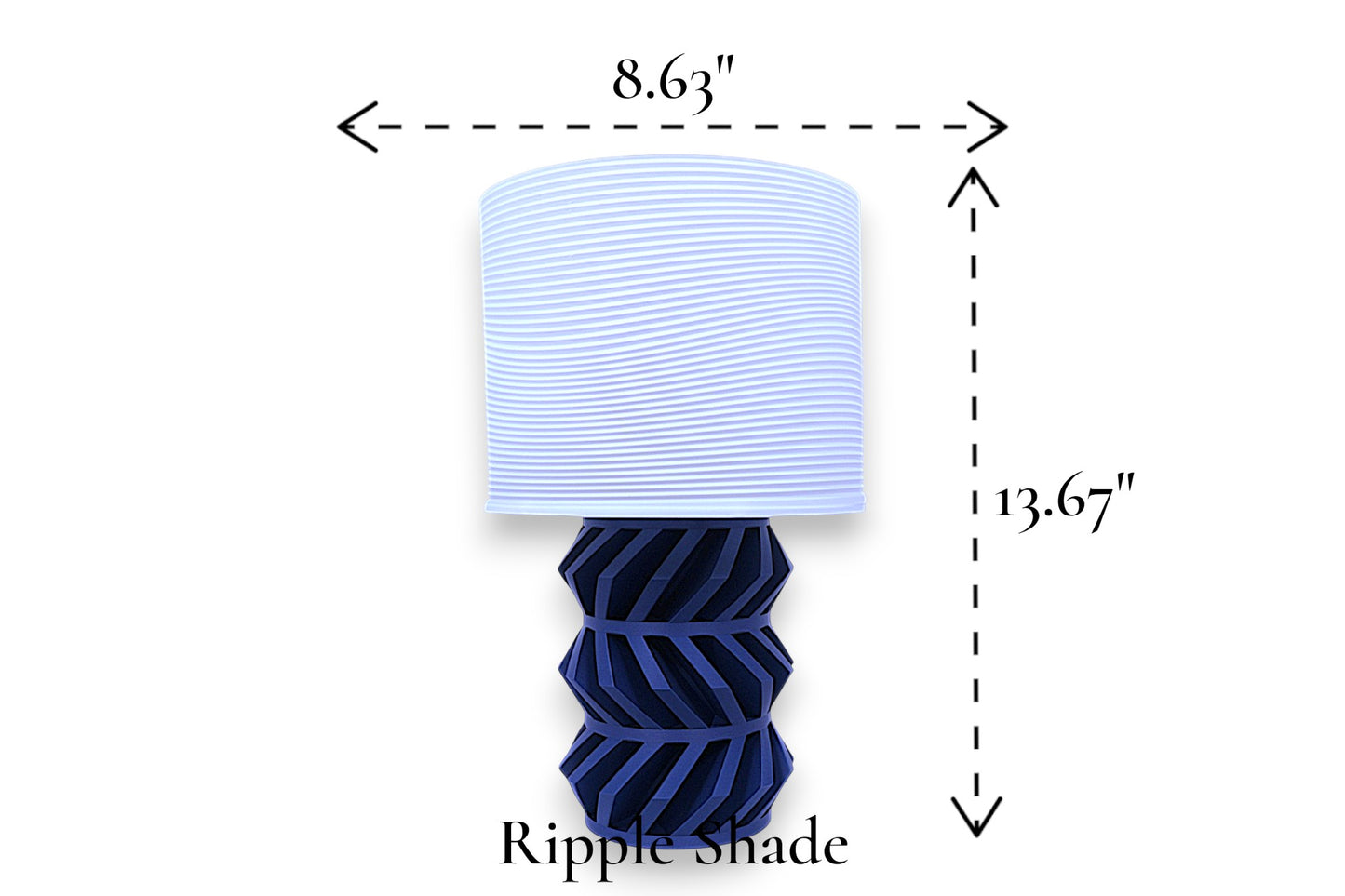 Table lamp – white ripple-textured lampshade with geometric dark blue base, 8.63" diameter × 13.67" height, labeled “Ripple Shade”
