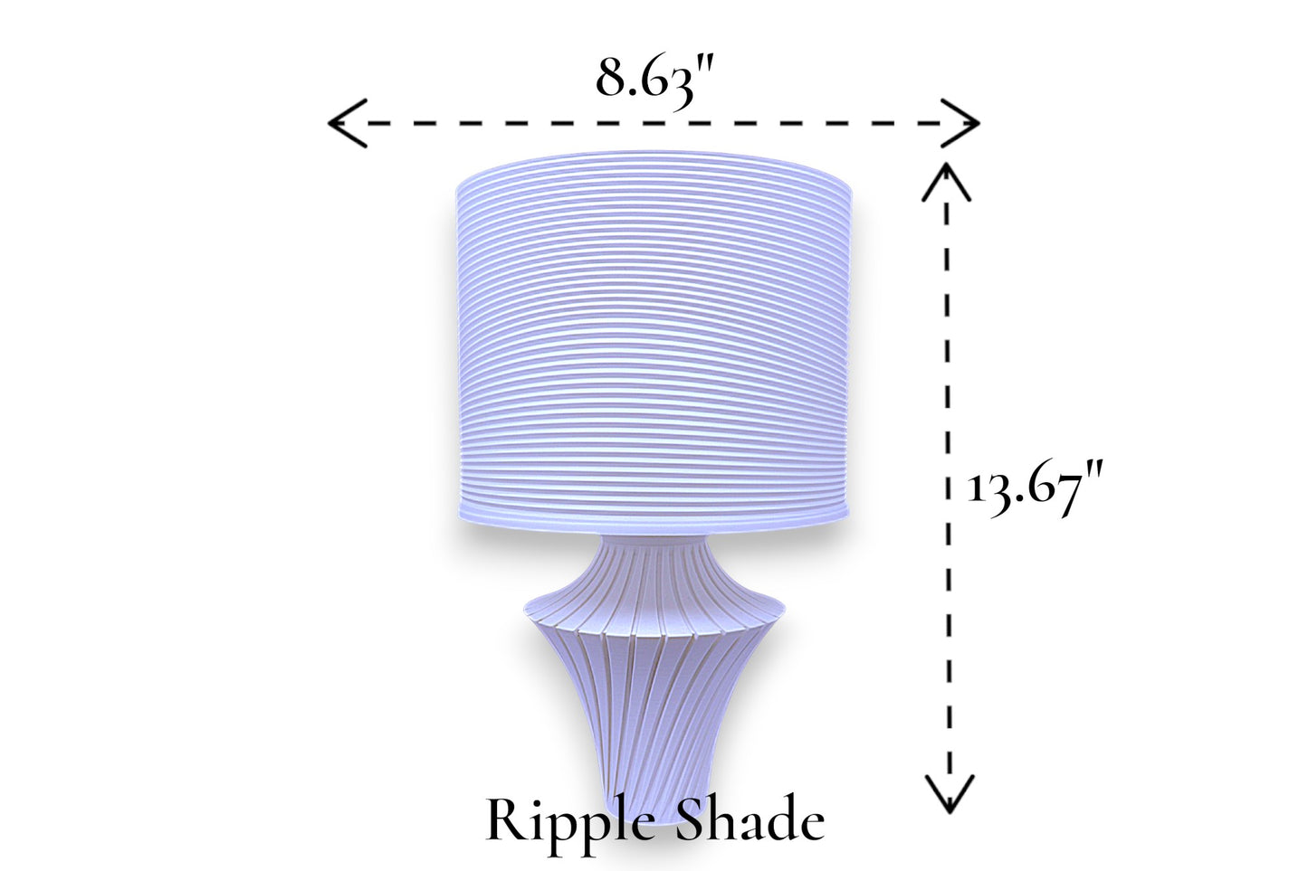 Table lamp – white ripple-textured cylindrical lampshade with sculptural purple fluted base, 8.63" diameter × 13.67" height, labeled “Ripple Shade”
