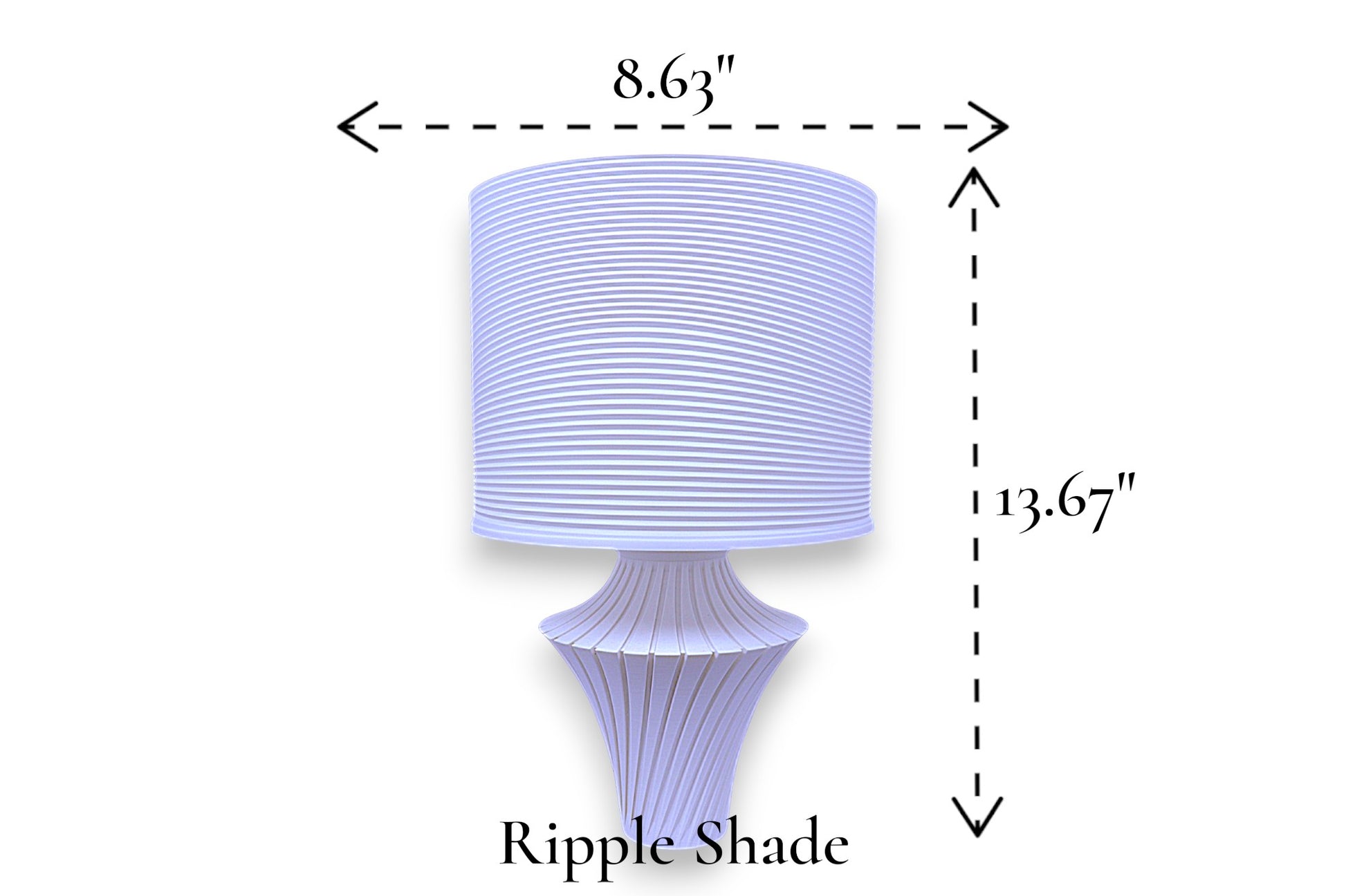 Table lamp – white ripple-textured cylindrical lampshade with sculptural purple fluted base, 8.63" diameter × 13.67" height, labeled “Ripple Shade”
