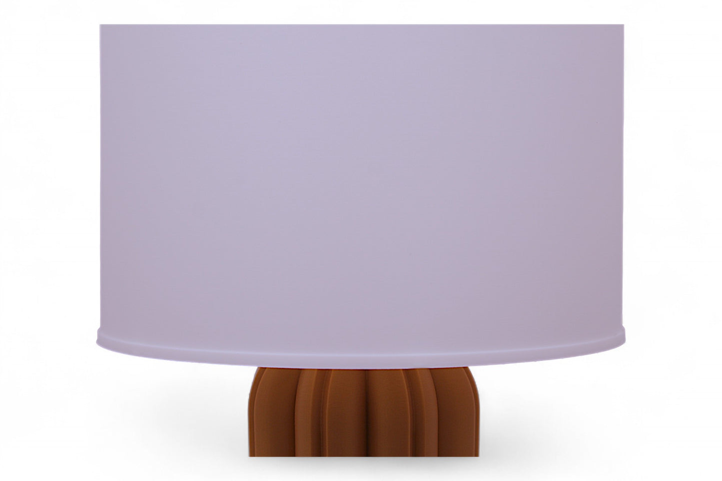 Table lamp – white cylindrical lampshade with sculptural wood-tone base, rounded tubular segments forming stable support
