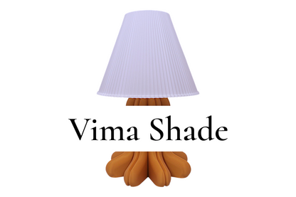 Table lamp – white pleated lampshade with sculptural orange base, rounded extensions, labeled  Vima Shade