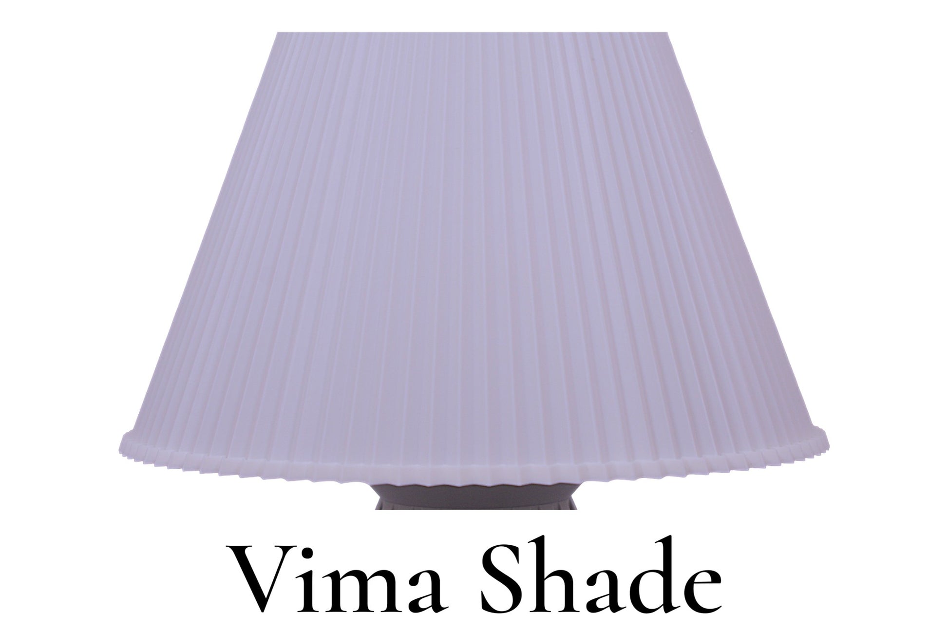 Lavender pleated lampshade with 'Vima Shade' branding on a white background