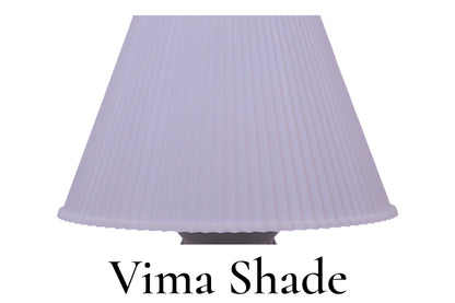 Lavender pleated lampshade with 'Vima Shade' branding on a white background
