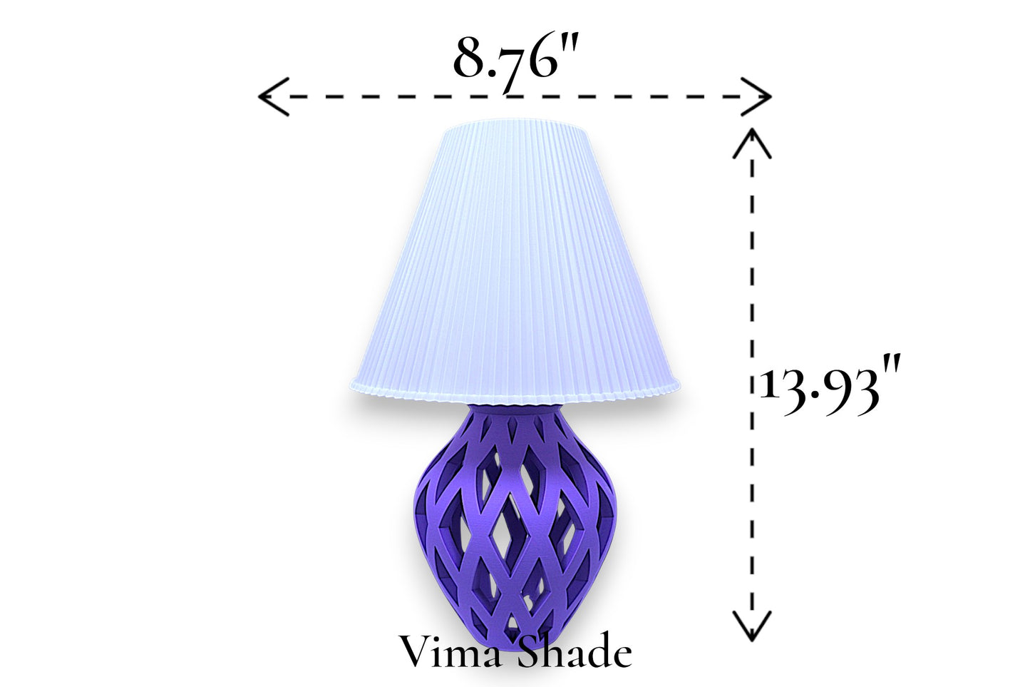 Table lamp – white pleated conical lampshade with sculptural purple lattice-style base, 8.76" diameter × 13.93" height, labeled “Vima Shade”

