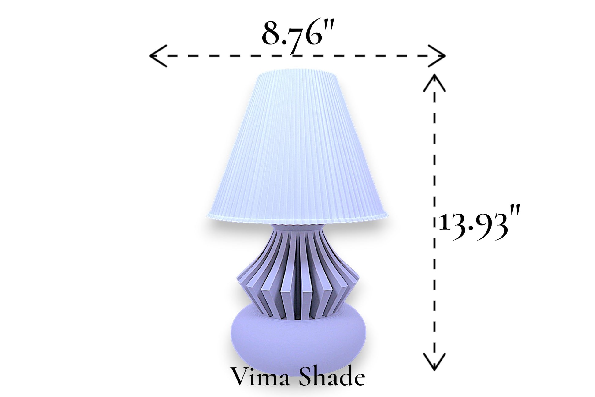 Table lamp – white pleated conical lampshade with sculptural slatted base, 8.76" diameter × 13.93" height, labeled “Vima Shade"