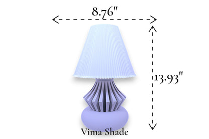 Table lamp – white pleated conical lampshade with sculptural slatted base, 8.76" diameter × 13.93" height, labeled “Vima Shade"