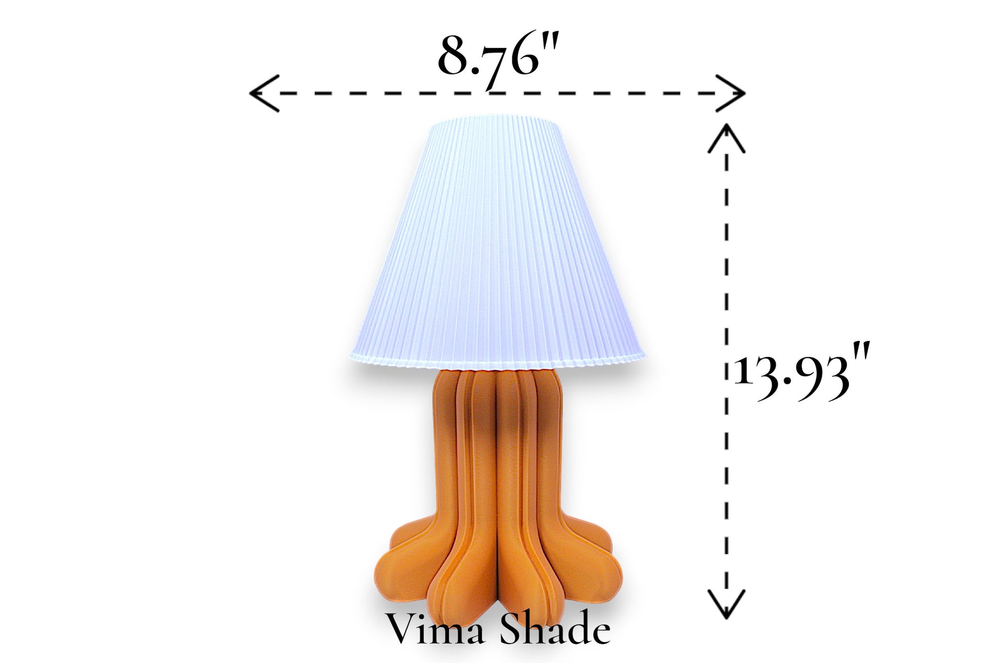 Table lamp – white pleated conical lampshade with sculptural orange base, 8.76" diameter × 13.93" height, labeled “Vima Shade”