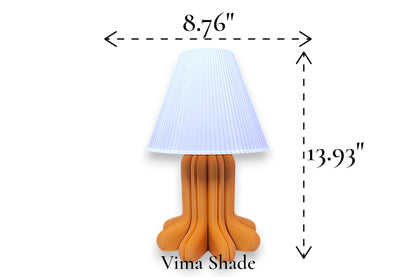 Table lamp – white pleated conical lampshade with sculptural orange base, 8.76" diameter × 13.93" height, labeled “Vima Shade”