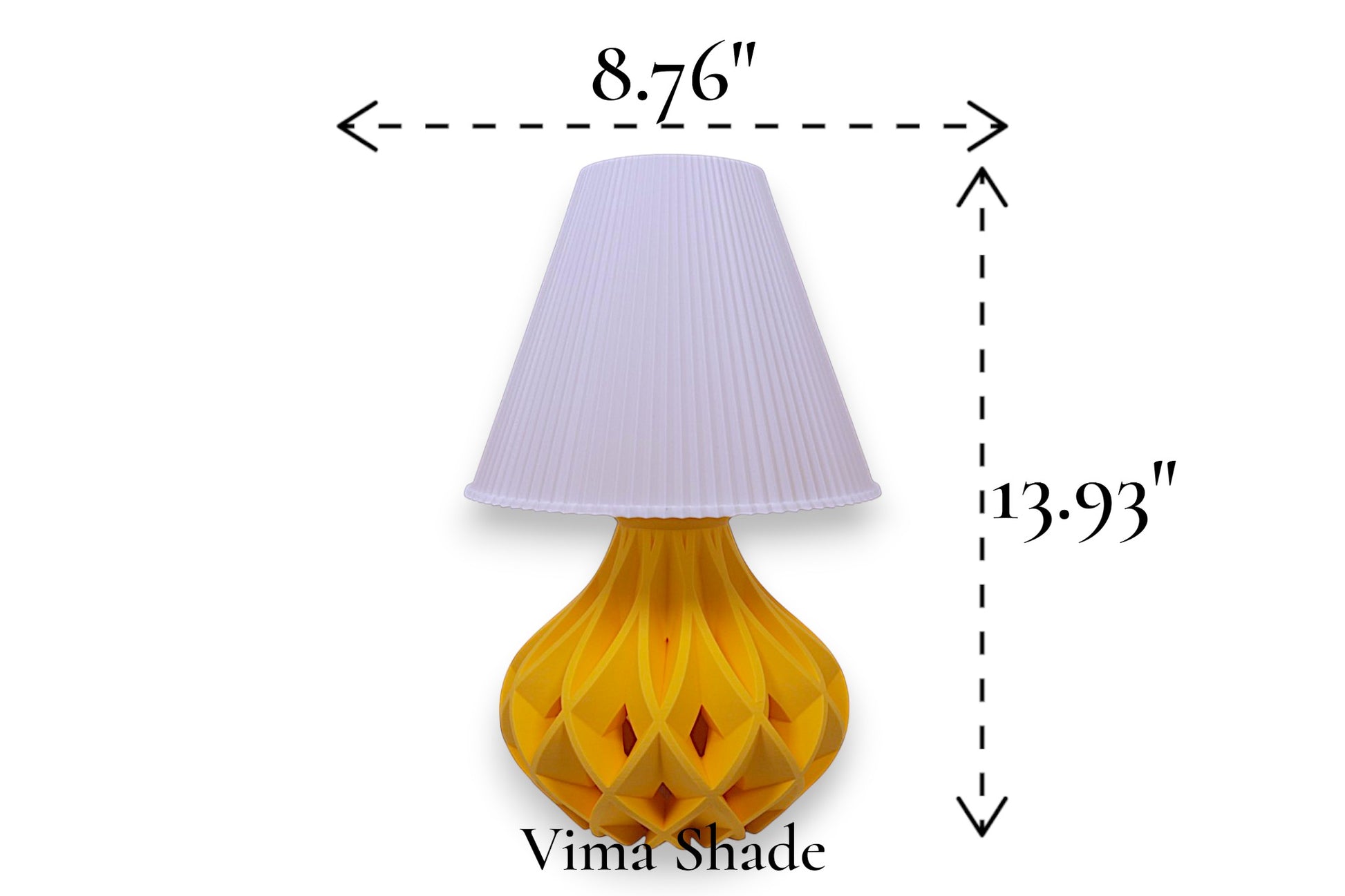 Table lamp – white pleated conical lampshade with sculptural yellow lattice-style base, 8.76" diameter × 13.93" height, labeled “Vima Shade”
