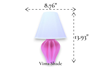 Table lamp – white pleated conical lampshade with sculptural pink base, 8.76" diameter × 13.93" height, labeled “Vima Shade”
