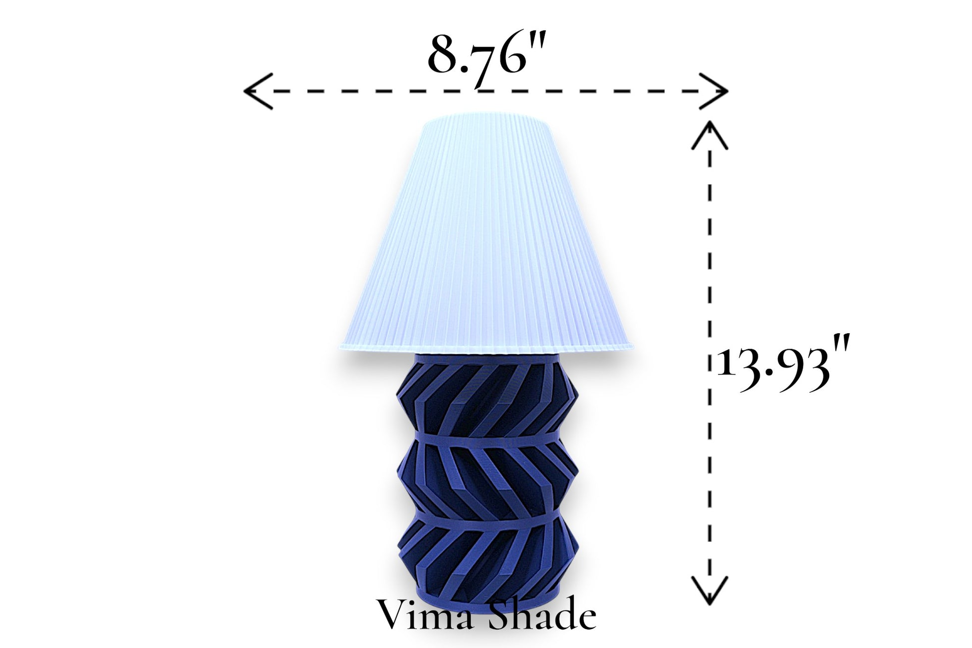 Table lamp – white pleated conical lampshade with geometric dark base, 8.76" diameter × 13.93" height, labeled “Vima Shade”