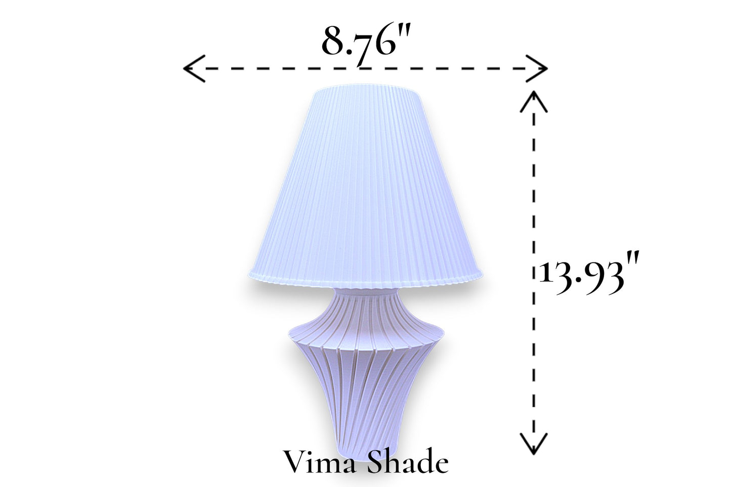 Table lamp – white pleated conical lampshade with sculptural purple fluted base, 8.76" diameter × 13.93" height, labeled “Vima Shade”

