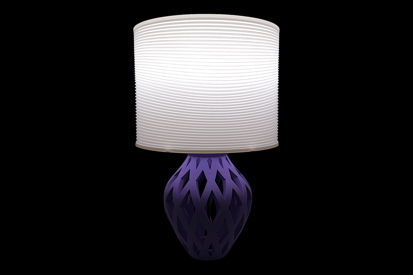 Lamp with a white shade and purple base on a black background