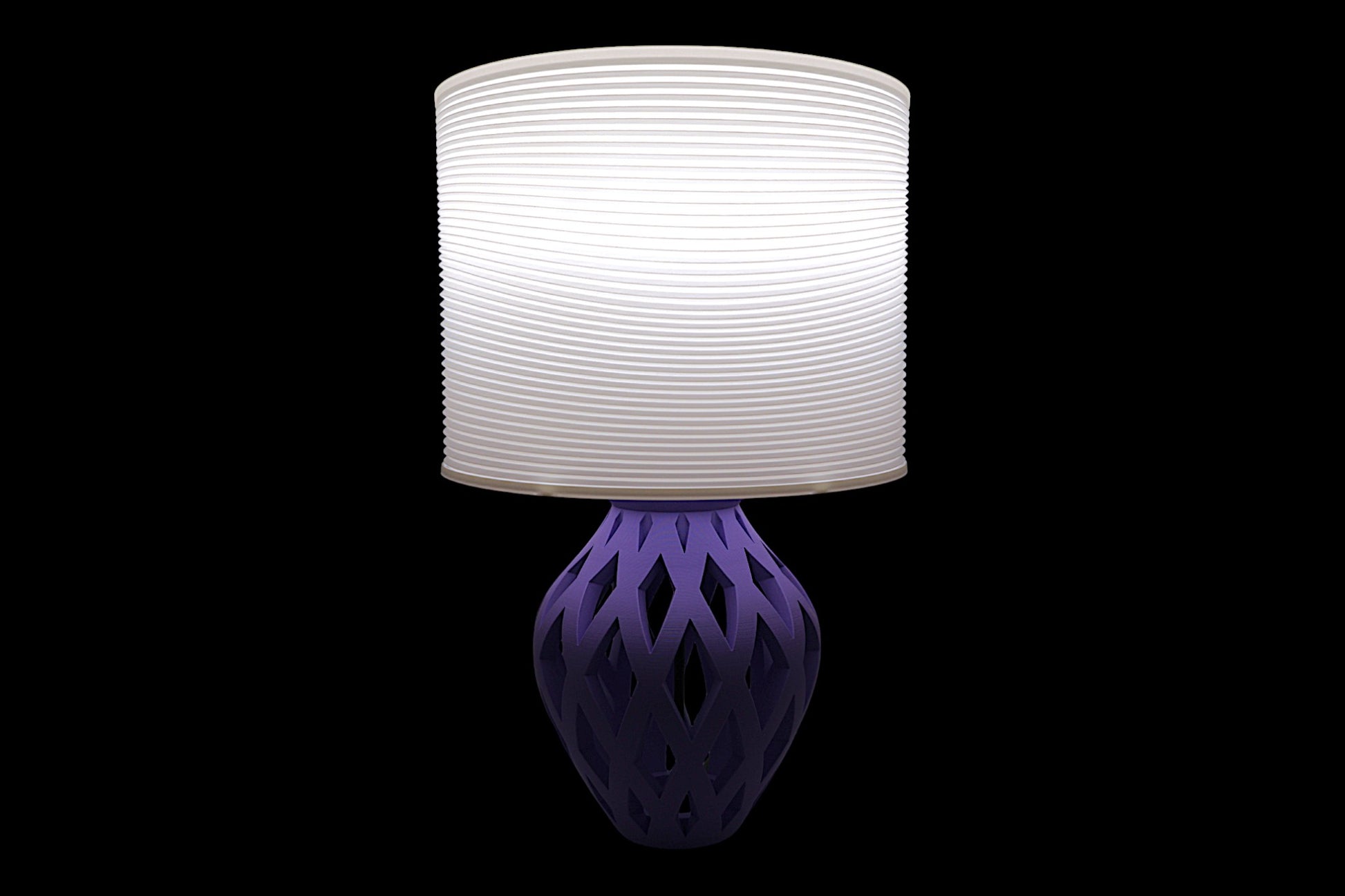 Lamp with a white shade and purple base on a black background