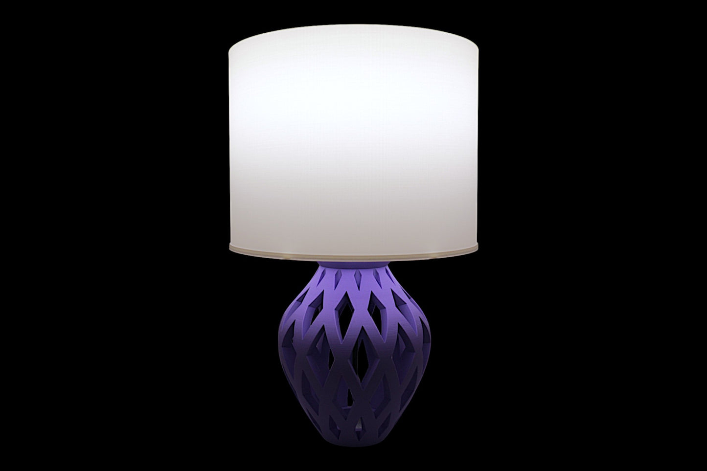 Lamp with a purple base and white shade on a black background