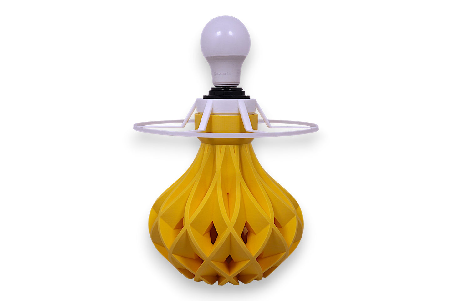 Yellow decorative lamp with a white bulb on a white background